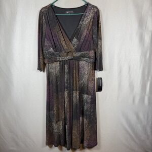 NWT Jones New York Knit Dress Surplice V Neck 3/4 Sleeves Gathered Waist Size 14